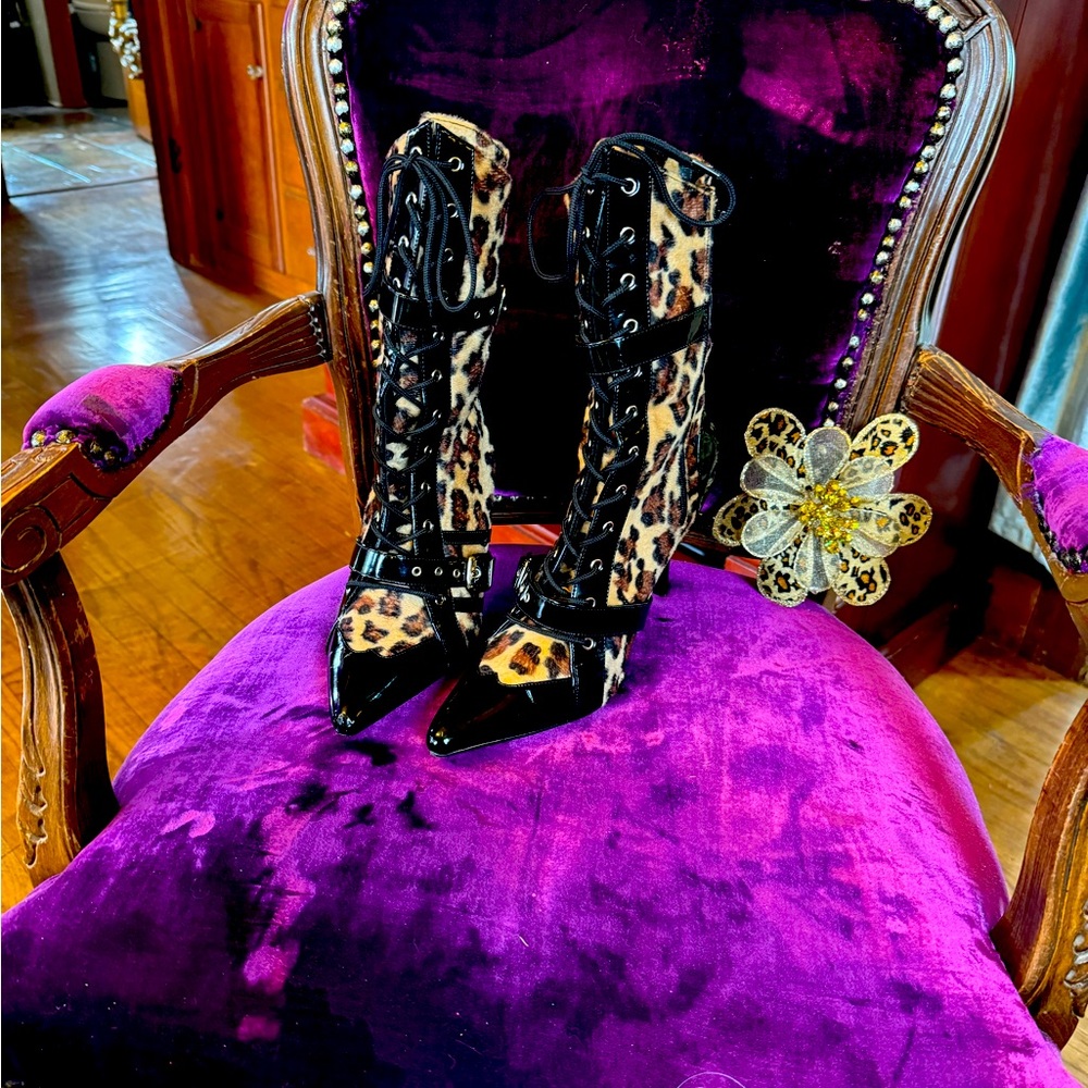 Fur leopard  boots worn once !